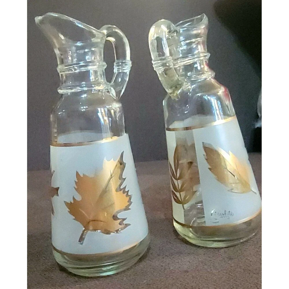 VTG Mid-Centry Frosted Cruet Oil Vinegar Set Gold Leaves Anchor Hocking Starlyte